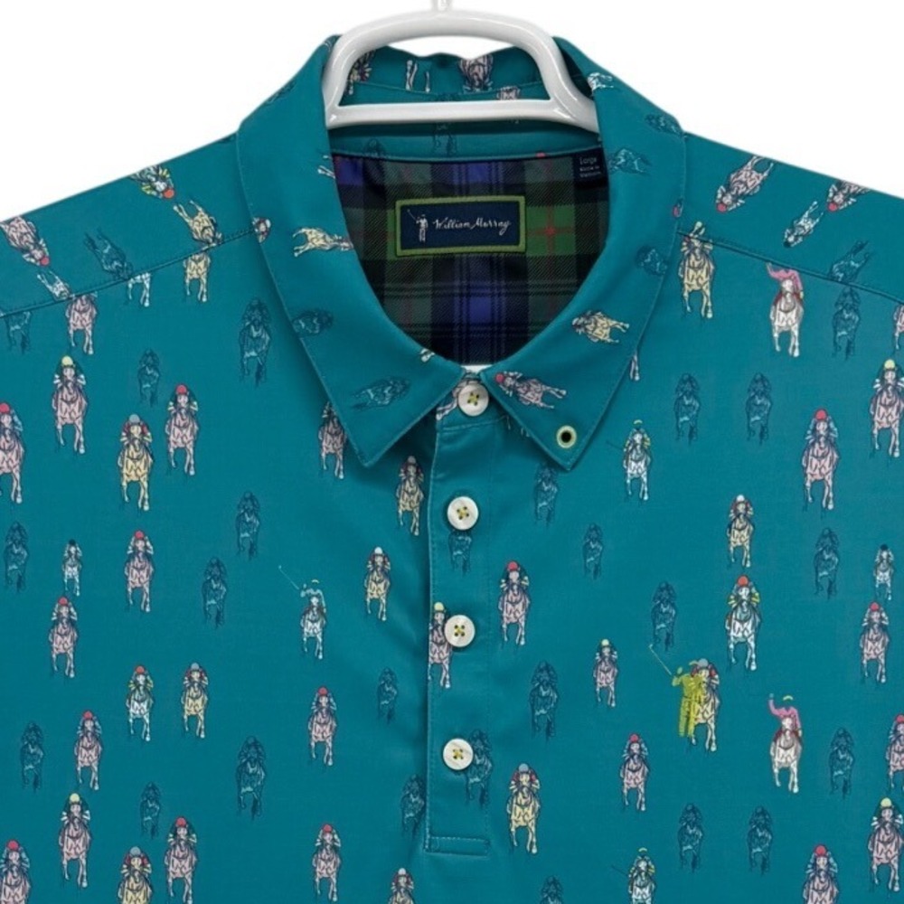 William Murray Golf Mens Large Teal Horse Racing Jockey Print Polo Shirt Stretch